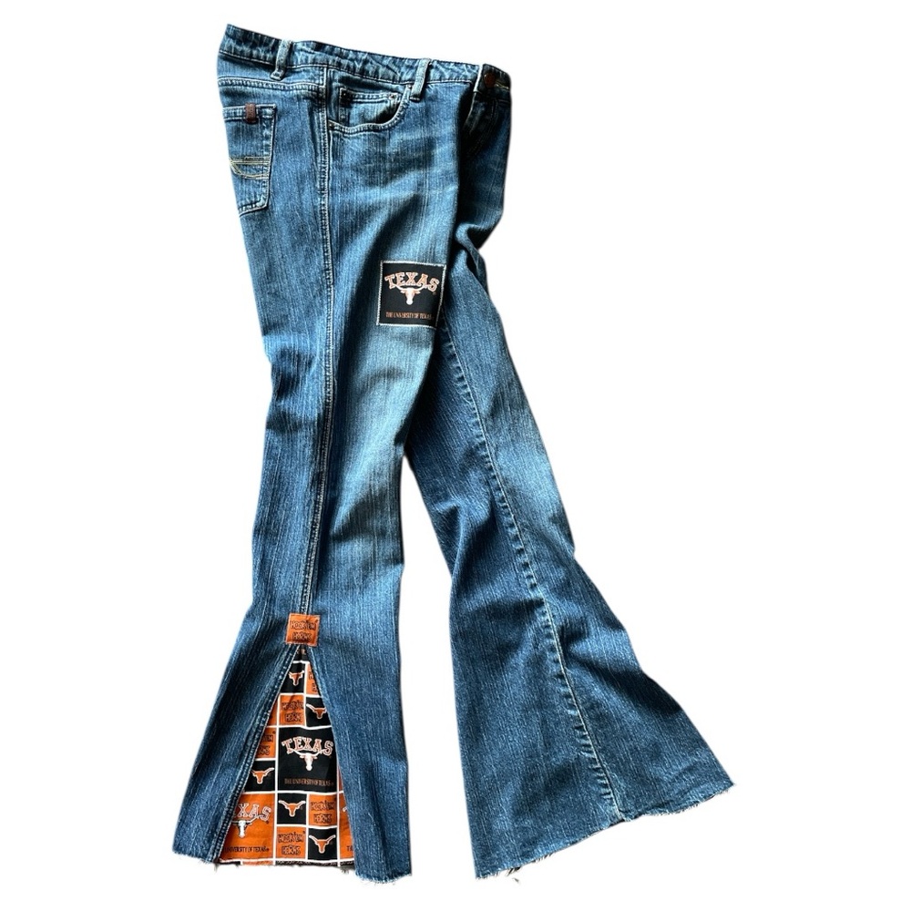 Upcycled Trendy Blue Flare Jeans with Unique Detailing College Game Day Texas